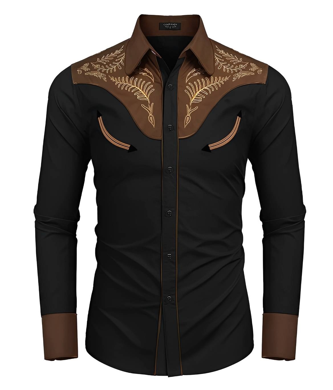 Black Western Shirt with Gold Pattern and Brown Accents