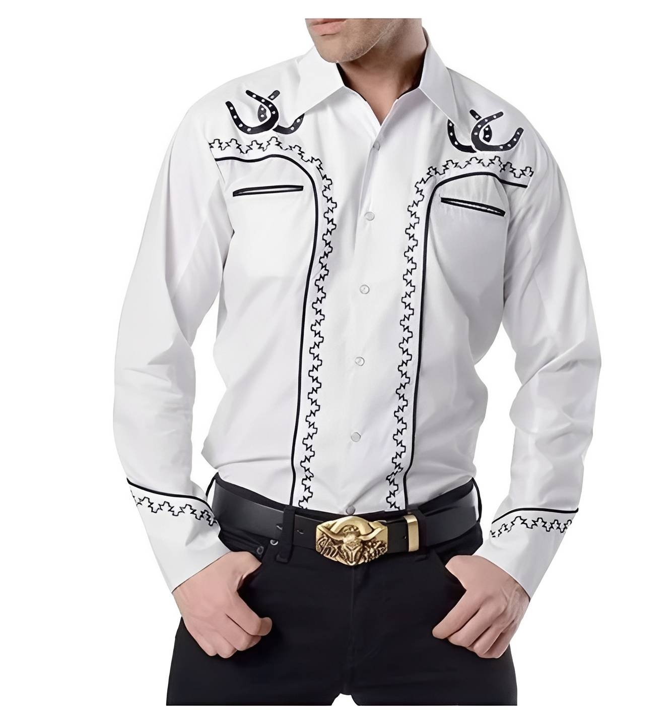 White Western Shirt with Black Horseshoe and Star Patterns