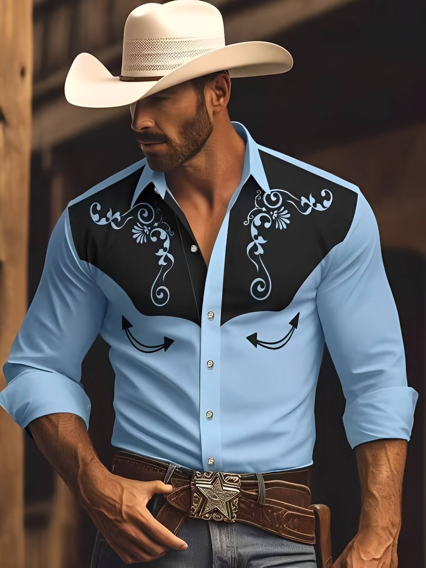 Light Blue Western Shirt with Black Accents