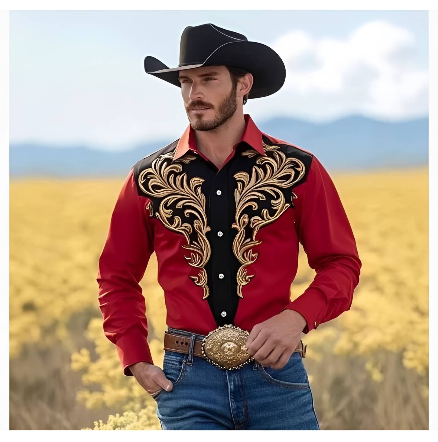 Red Western Shirt with Gold Scrollwork