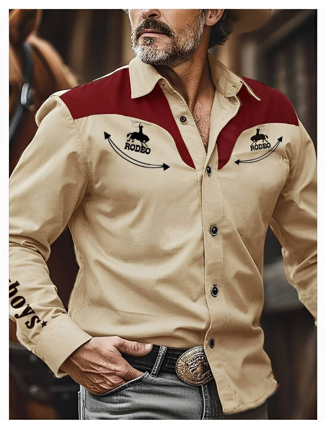 Tan and Red Western Shirt with Rodeo Design