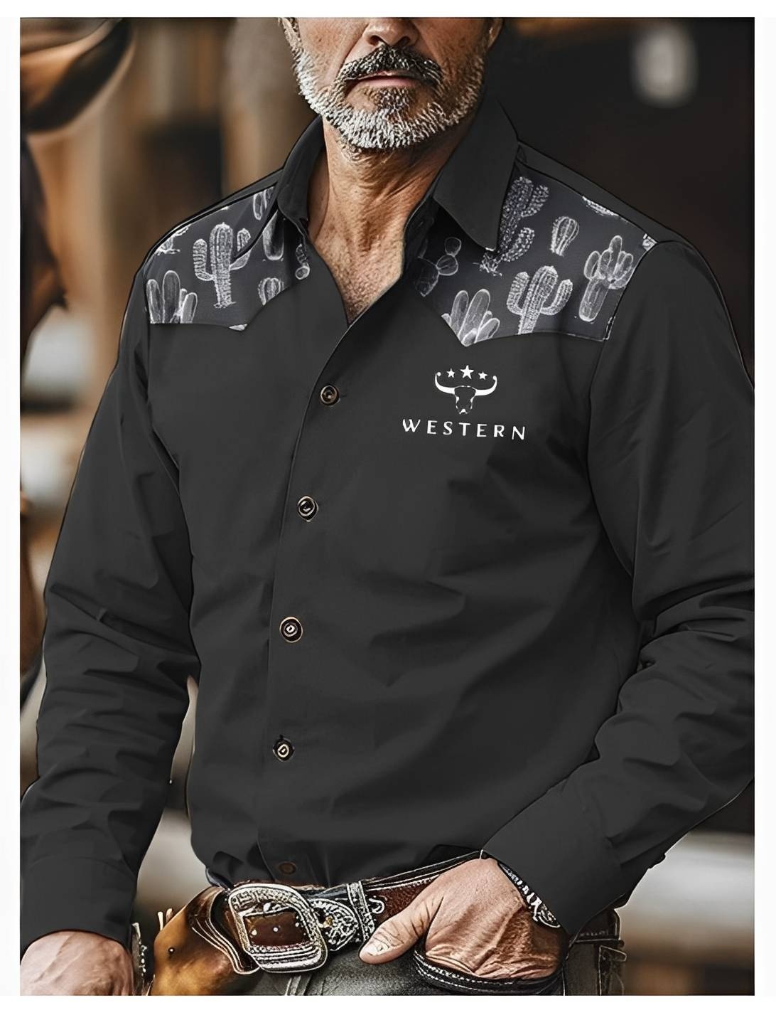 Black Western Shirt with White Cactus Print