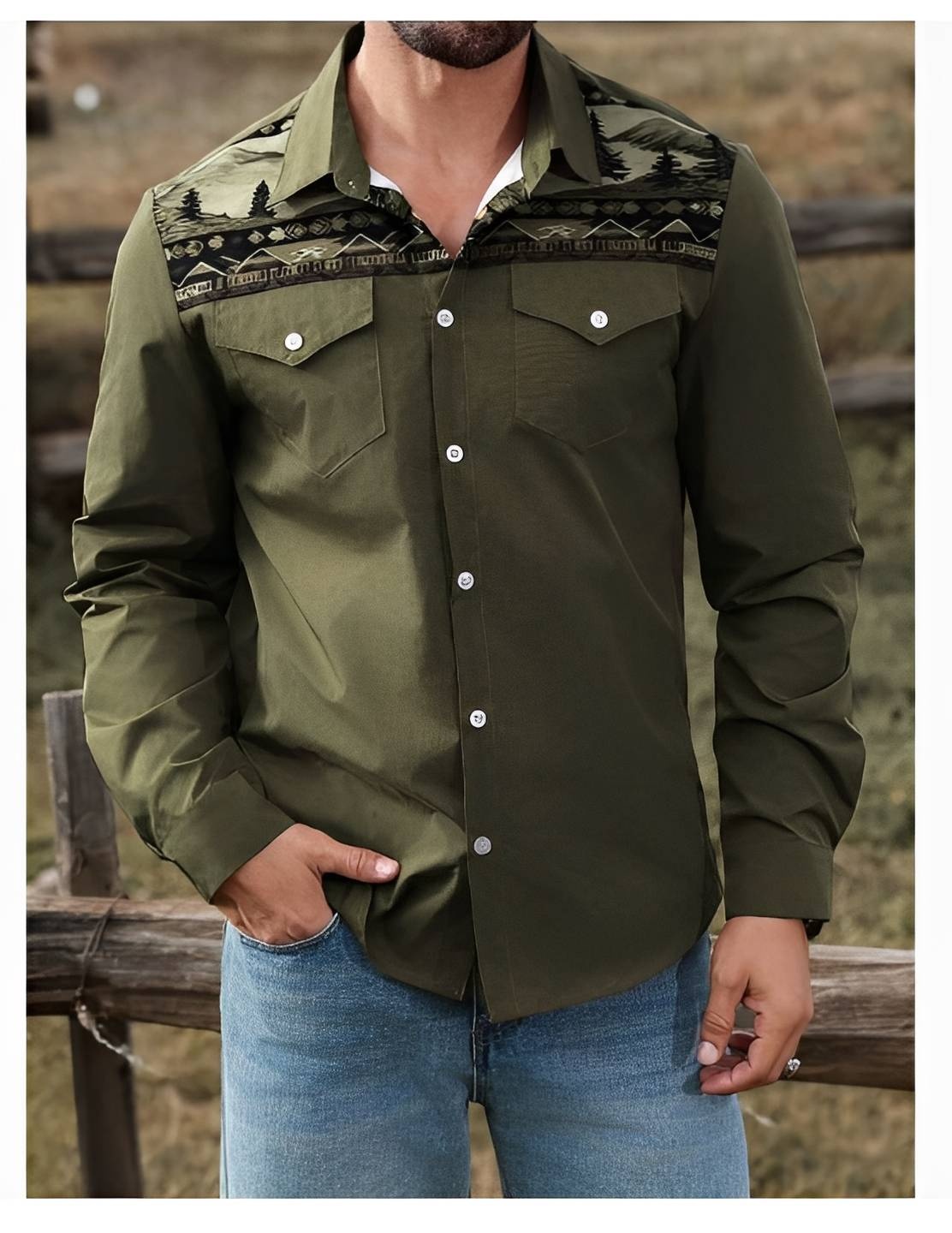 Olive Western Shirt with Woodland Print