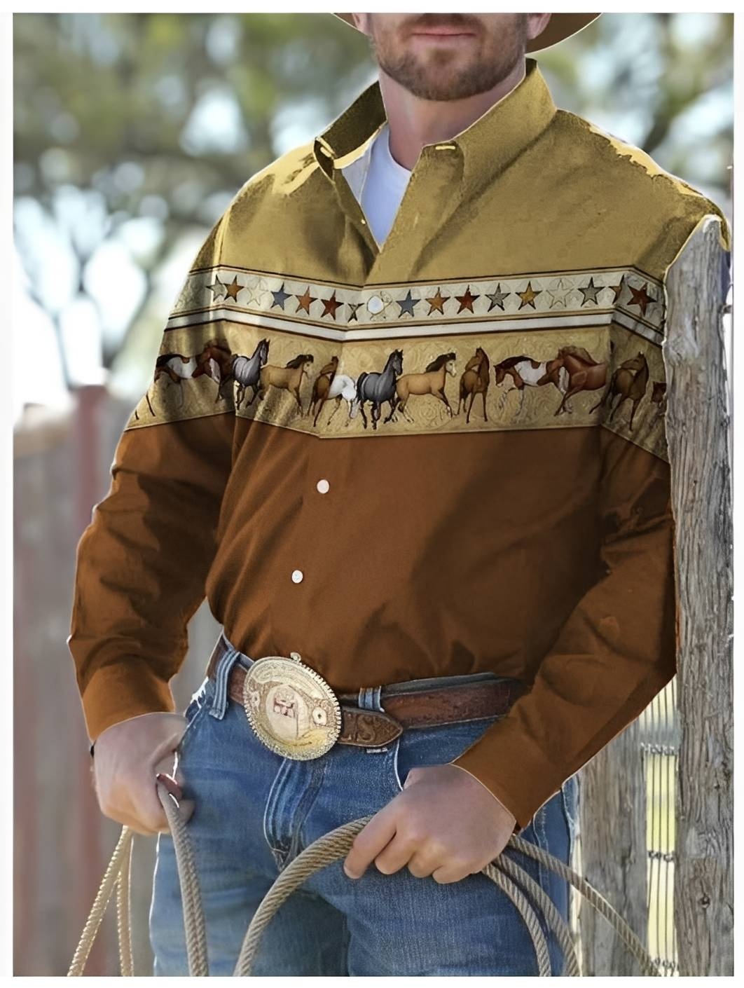 Brown and Khaki Horse Print Western Shirt