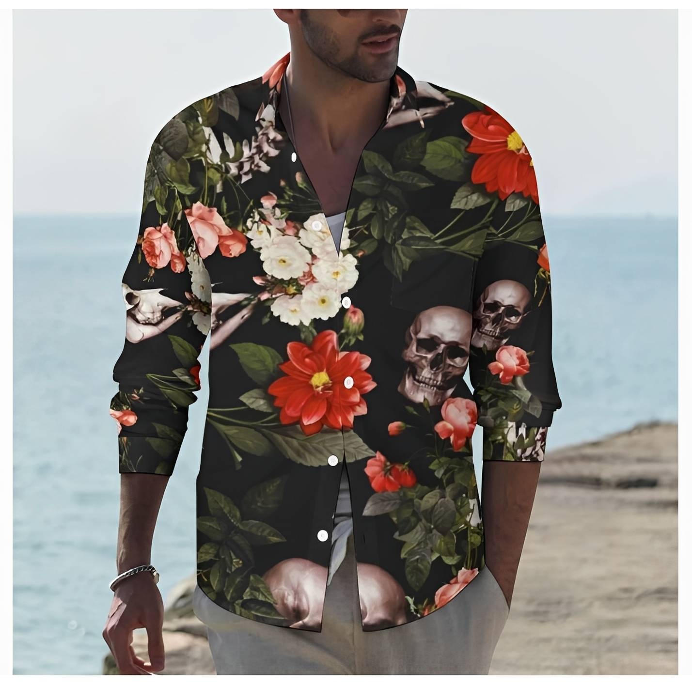 Black Western Shirt with Red Flowers and Skulls
