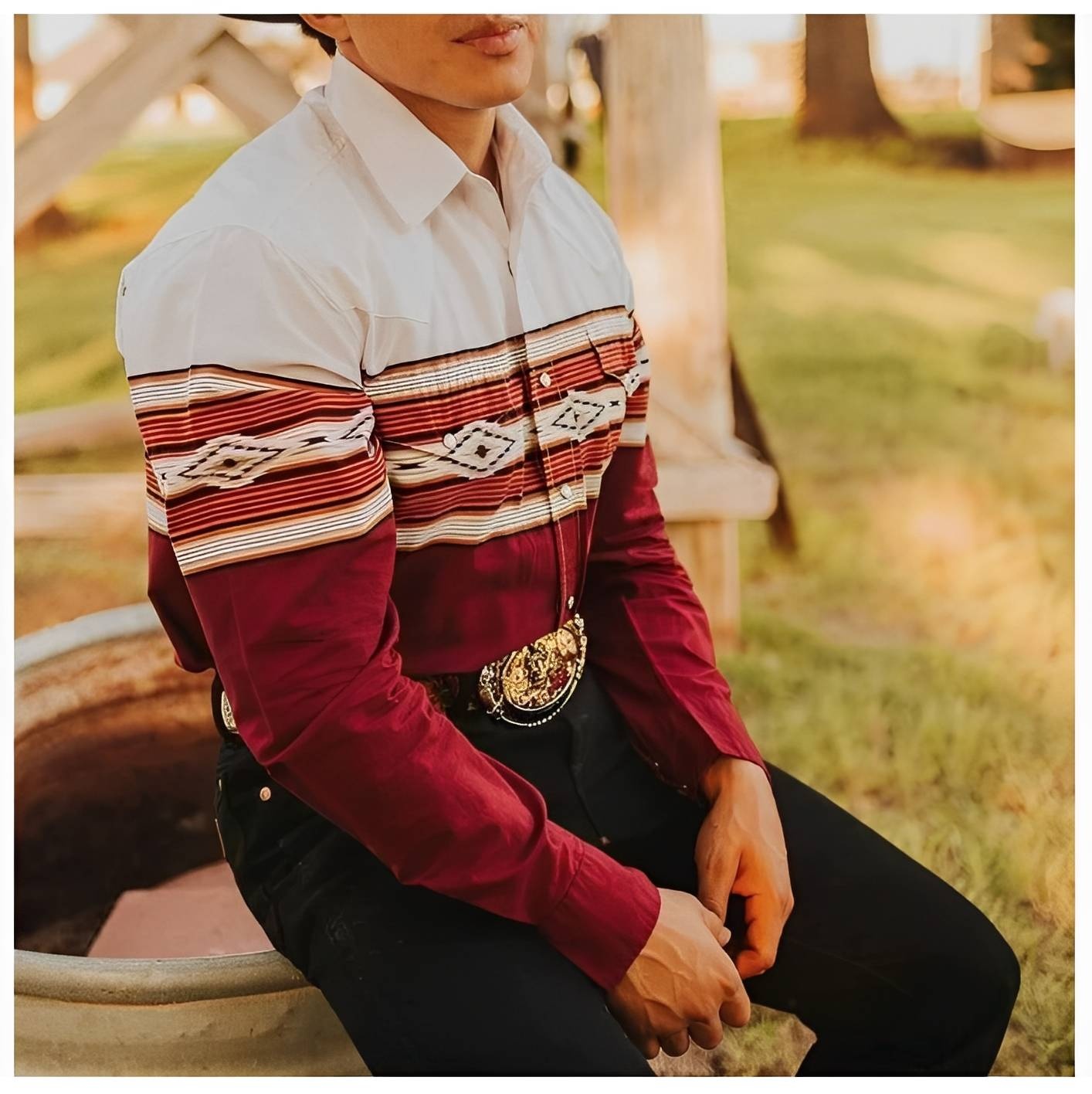 Western Shirt with Diamond Stripe Pattern in Burgundy and White