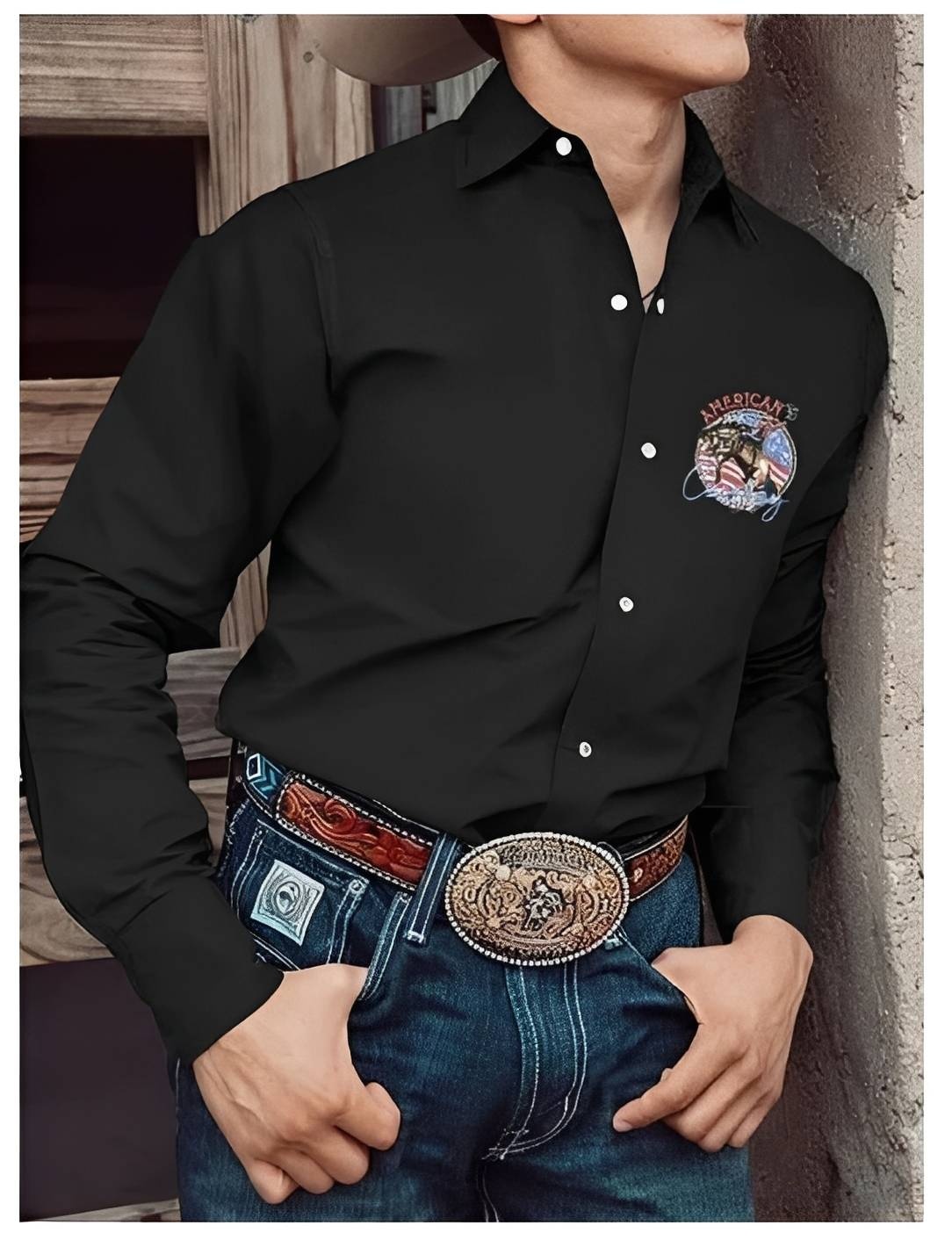 Black Western Shirt with American Flag and Horse