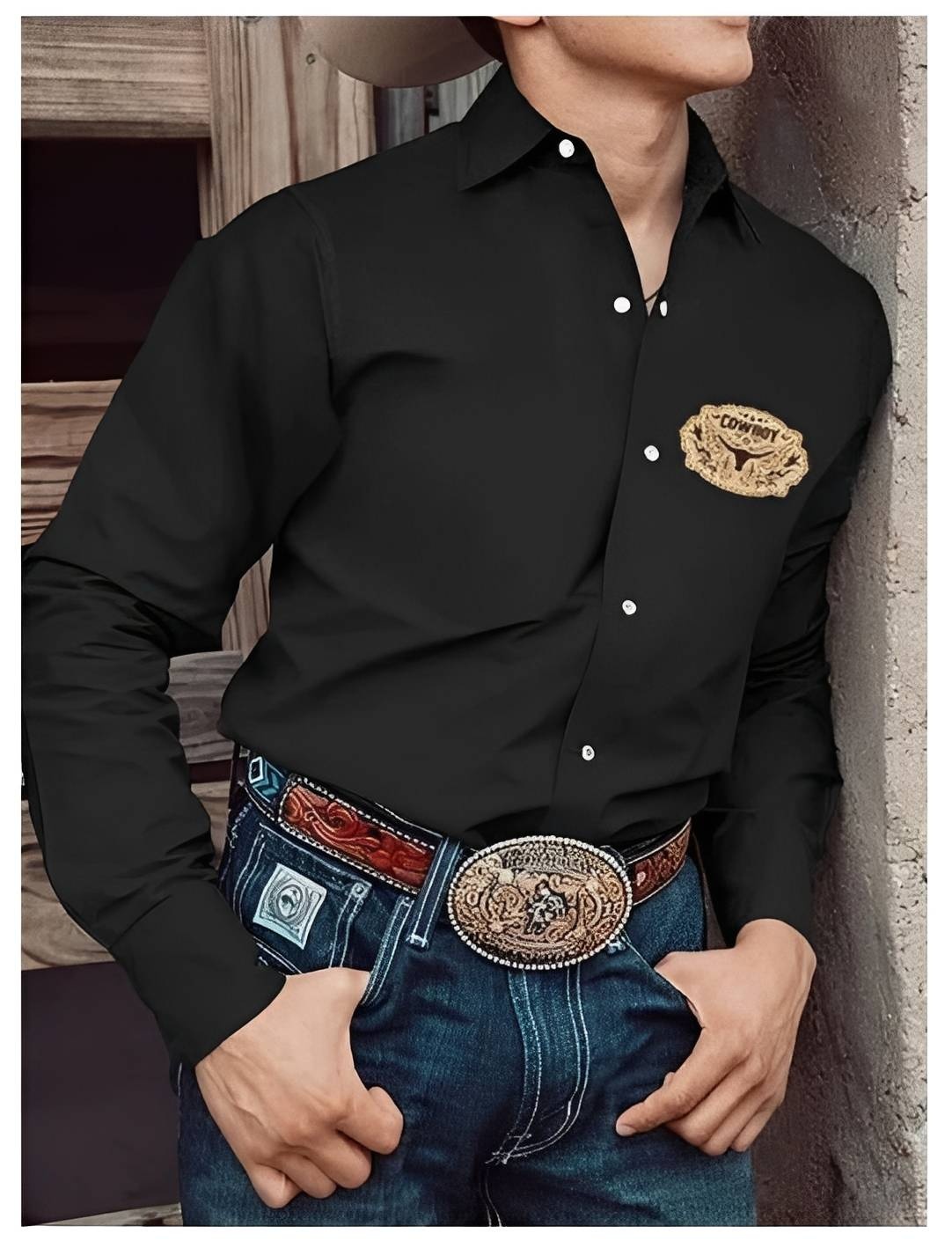 Black Western Shirt with Cowboy Bull Emblem