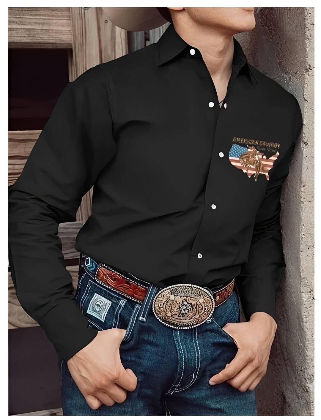 Black Western Shirt with American Flag Cowboy Map