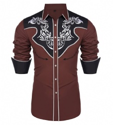 Brown Western Shirt with White Scroll Pattern
