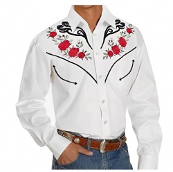 White Western Shirt with Red Rose Design