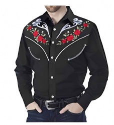 Black Western Shirt with Red Rose Pattern