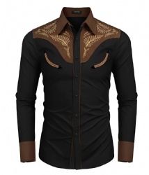 Black Western Shirt with Gold Pattern and Brown Accents