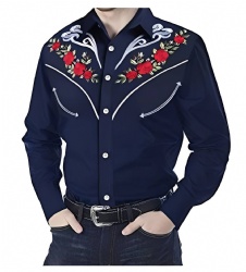 Navy Western Shirt with Red Rose Pattern