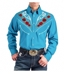Turquoise Western Shirt with Red Roses
