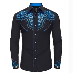 Black Western Shirt with Blue Floral Design