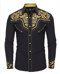 Black Western Shirt with Gold Floral Pattern