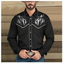 Black Western Shirt with White Skeleton Rider Design