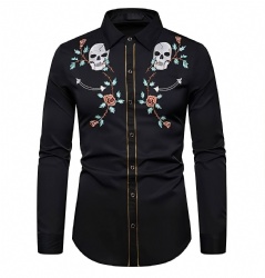 Black Western Shirt with Skull and Rose Print