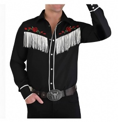 Black Western Shirt With Red Roses Fringe
