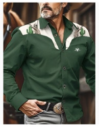 Green Western Shirt with Cactus and Cat Print