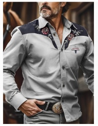 Grey Western Shirt with Red Roses and Matador Bull