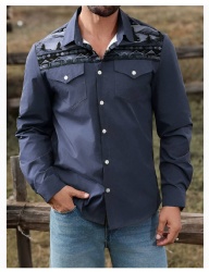 Navy Western Shirt with Black and Grey Pattern