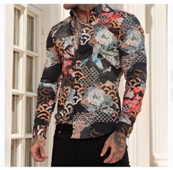 Dark Floral and Crane Print Western Shirt