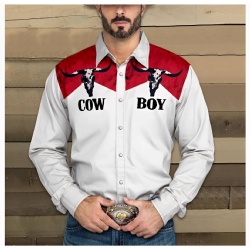 Red & White Western Shirt with Bull Skull Pattern