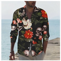 Black Western Shirt with Red Flowers and Skulls