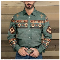 Southwestern Geometric Pattern Western Shirt in Green