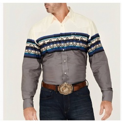Western Shirt with Geometric Aztec Pattern in Blue and Gray