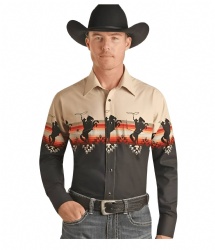 Western Shirt with Roping Cowboys and Sunset Stripes