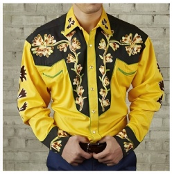Yellow Western Shirt with Floral Vine Accents