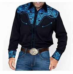 Black Western Shirt with Blue Floral Accents