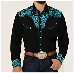 Black Western Shirt with Turquoise Floral Flourishes