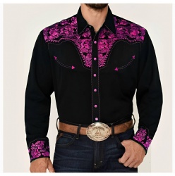 Black Western Shirt with Pink Floral Chest and Cuff Accents