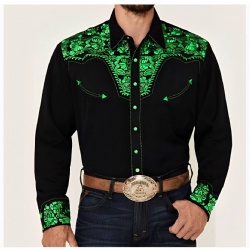 Black Western Shirt with Bright Green Floral Accents