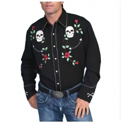 Black Western Shirt with White Skull and Rose Motifs