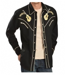 Black Western Shirt with Golden Guitar and Music Notes