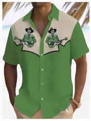 Western Shirt with Playing Skeleton Guitarists in Beige and Green