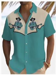 Teal & Cream Western Shirt with Skull Guitar Players