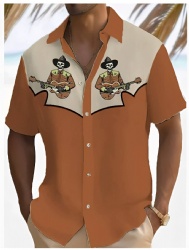 Western Shirt with Skeleton Guitarist Motif in Tan