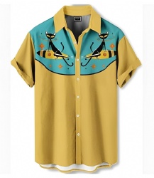 Teal & Mustard Western Shirt with Black Cats on Rockets