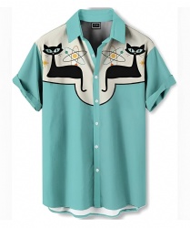 Teal Western Shirt with Atomic Cats
