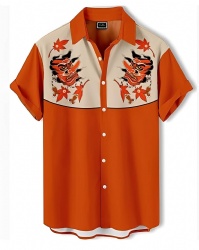 Orange Western Shirt with Red Demon Mask and Maple Leaves