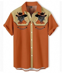 Rust Orange Western Shirt with Black Cat Cowboy Illustration