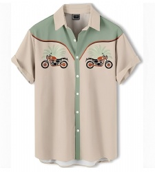 Western Shirt With Vintage Motorcycles and Palm Foliage