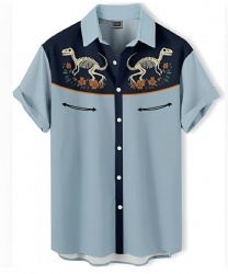 Blue Western Shirt with Dinosaur Skeletons and Coral Flowers