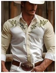 Cream and White Western Shirt with Olive Rose Floral Accents
